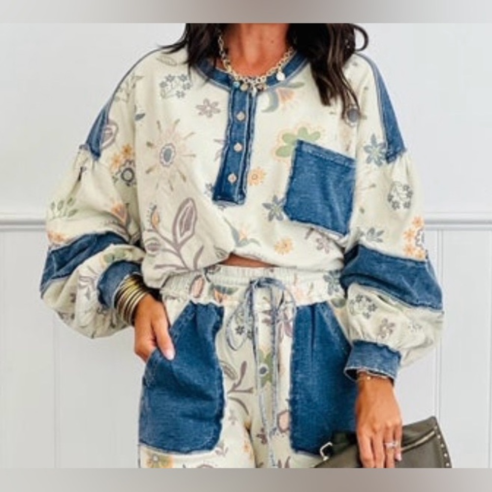 NWT Easel Ecru Mineral Washed Floral Print Top. - Picture 4 of 4